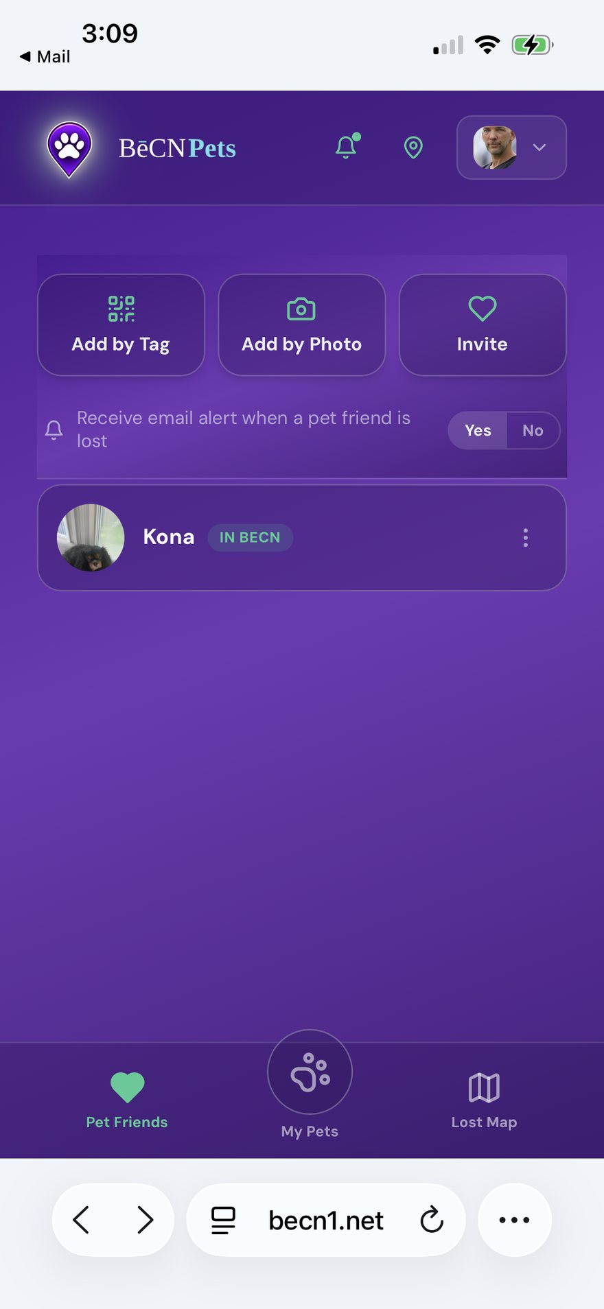 Add pets, invite friends, and turn lost-pet email alerts on or off.