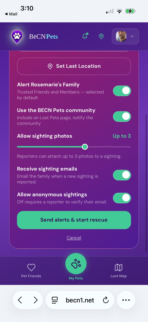 Choose who to notify, then tap Send alerts &amp; start rescue.