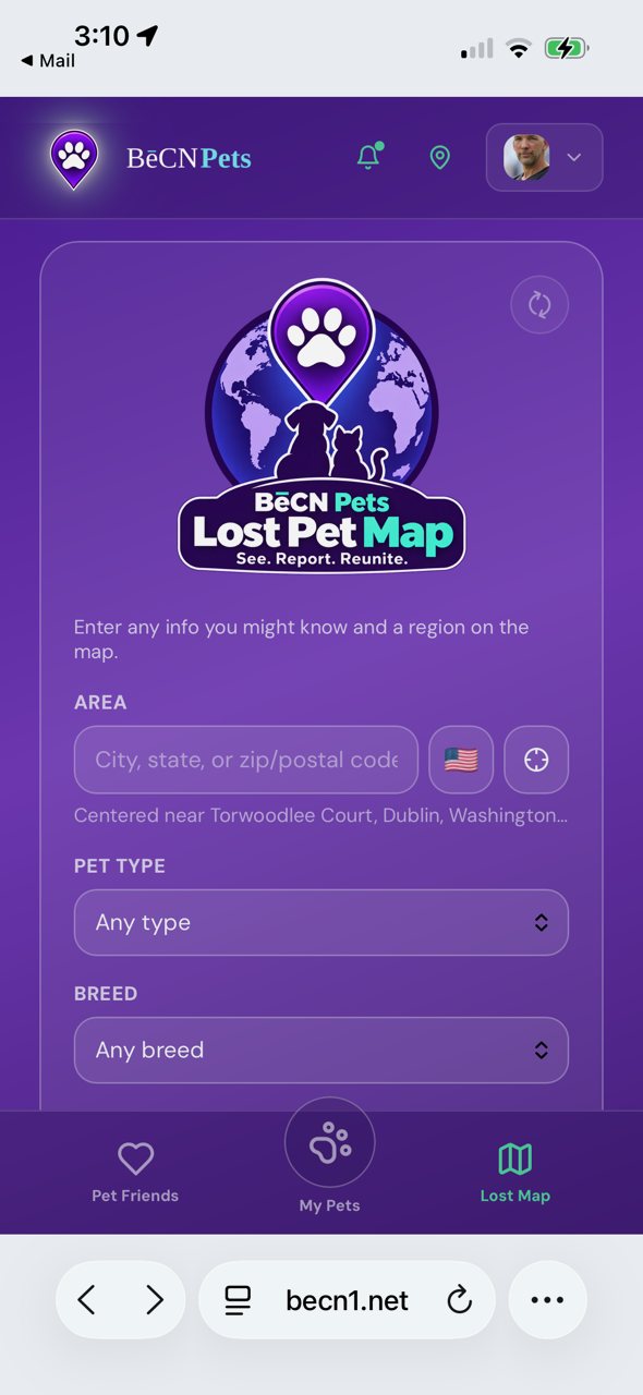 Search for lost pets near you.