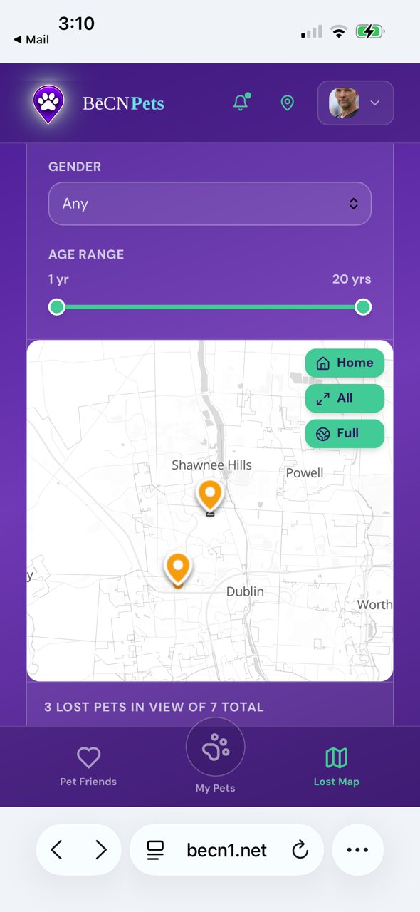 Pins show where pets have gone missing.