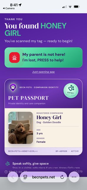 This is what you see when you scan a BēCN Pets tag.