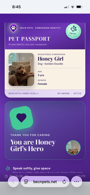 The Passport shows the pet's name, photo, and breed so you can confirm it matches.