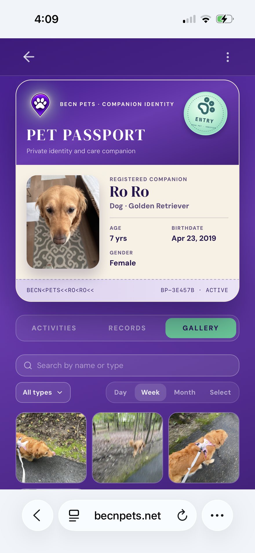 Tap Gallery to see your pet's photos.