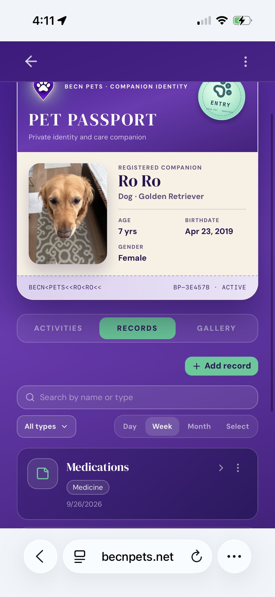 Your pet's Passport holds their photo, details, and records.