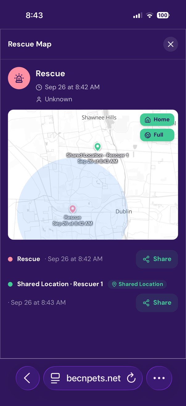 The map shows where your pet was found and where the finder is.